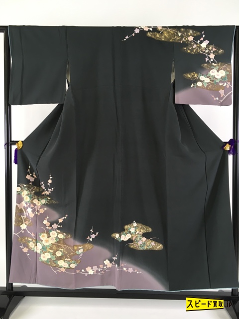 スピ買■ 着物 名品 訪問着 深緑 梅 菊 金彩 ぼかし 金駒刺繍 正絹 袷 身丈155.5cm 裄丈64cm☆☆☆☆