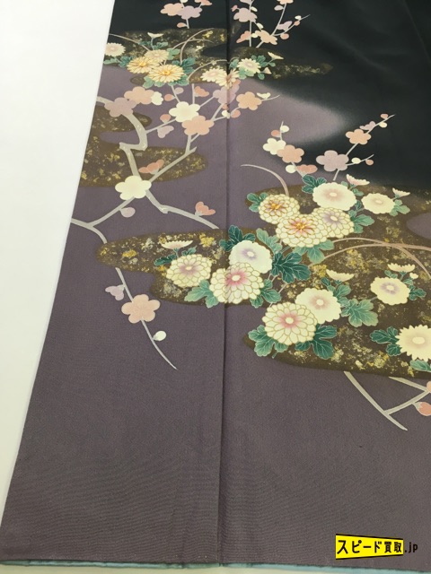 スピ買■ 着物 名品 訪問着 深緑 梅 菊 金彩 ぼかし 金駒刺繍 正絹 袷 身丈155.5cm 裄丈64cm☆☆☆☆
