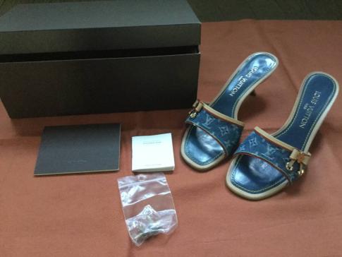 大得価，定番 LOUIS VUITTON／ルイヴィトン リボン付き モノグラムデニム&times;レザー ミュール／サンダル インディゴ&times;ベージュ 37 23.5ｃｍ(女性用)｜売買されたオークション情報、yahooの商品情報をアーカ 靴