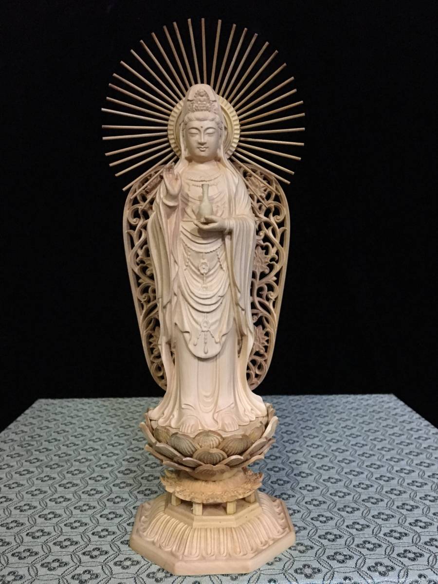 総柘植材 特上彫り 木彫仏像 仏教美術 聖観音菩薩立像 