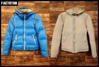FACTOTUM ファクトタム リバーシブル 8WAY ダウン ジャケット ベスト フード 麻 リネン 水色 生成り フェザー 44