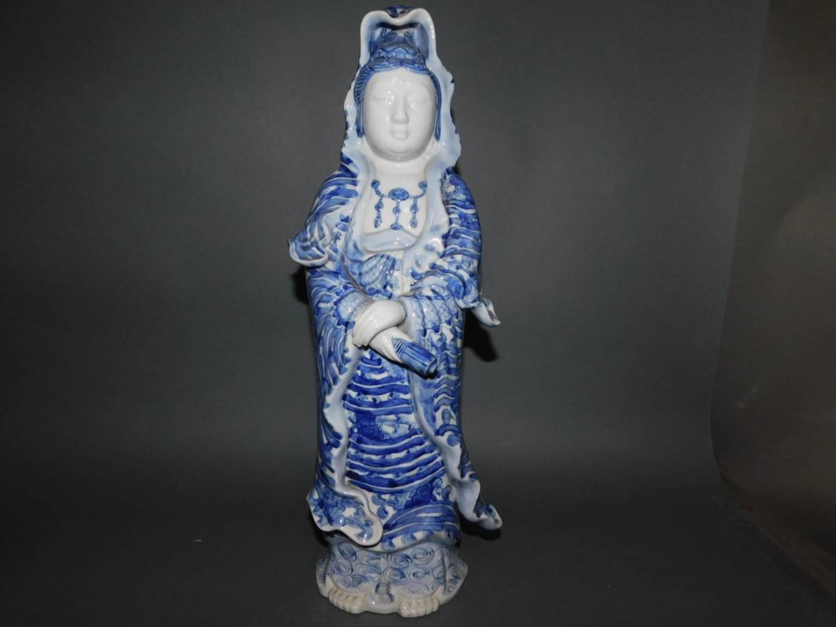 岡黒 極上 初だし品 時代 九谷焼 染付 特大 観音像 高さ45cm 無傷