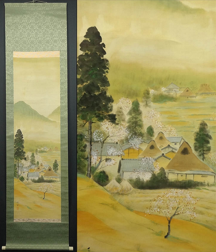 掛軸 文幸 銘『山水図』春山水 彩色山水画 日本画 絹本 肉筆 掛け軸 g11262