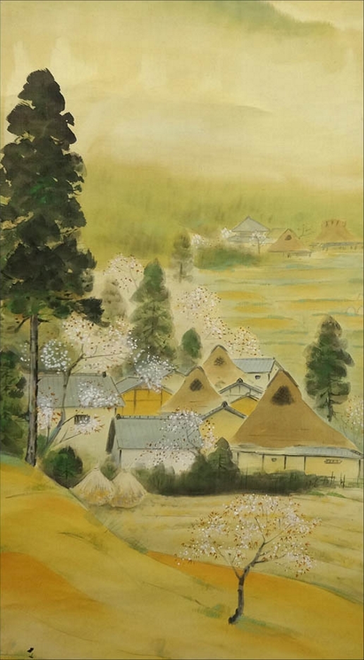 掛軸 文幸 銘『山水図』春山水 彩色山水画 日本画 絹本 肉筆 掛け軸 g11262