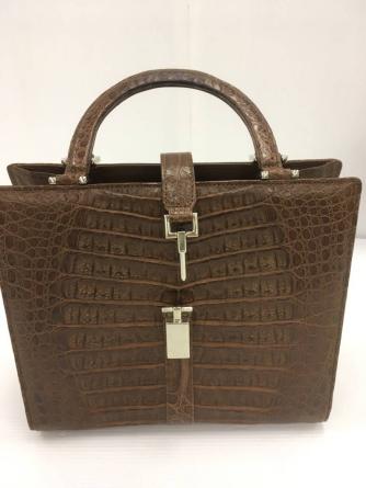 【GENUINE　CROCODILE　SKIN】　クロコダイル革　ハンドバッグ　茶色
