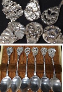純銀シルバー立体図替わり装飾スプーン6種！繊細草花図・刻印・ 箱付