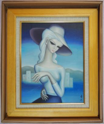 肉筆 東郷青児 人物画 F6 油絵 額付き 額装 手描き F8 婦人像 ▽の 「