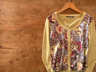* フランス製 patrick gerard ナラカミーチェ * 花柄シルク 切替 ニット カーディガン レディース 1