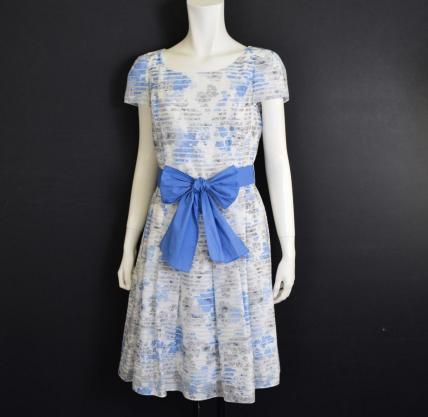 2587-18B0692★エムズグレイシー 新品★涼しげ.:*ボーダー×花柄ワンピース 40 ブルー系 フォーマルにも M'S GRACY