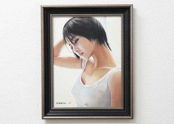 肉筆保証１点物　油絵 人物画『passion(情熱)』Kathleen N.作　女性　ヌード　美人　黒髪　セクシー