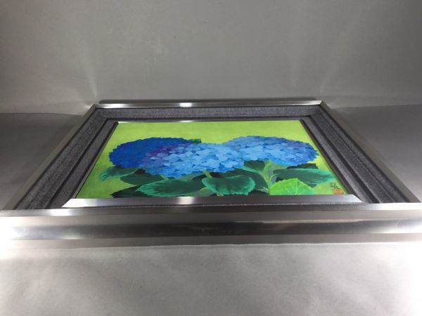 真作保証□日本画□笠原可雄□紫陽花□8号□共シール□日展会友□逸品