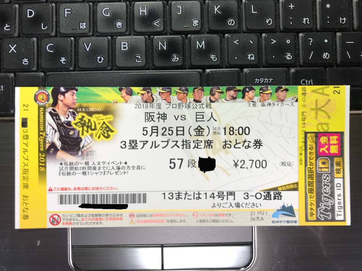 通路側１枚★5/25（金） 阪神－巨人 甲子園球場 ３塁アルプス おとな 57段