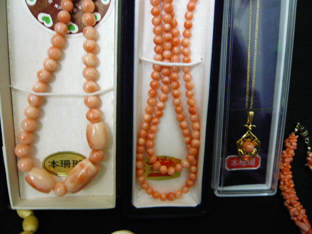 天然珊瑚 パール 14K刻印 3連ネックレス 全長52cm 重量約23g サンゴ