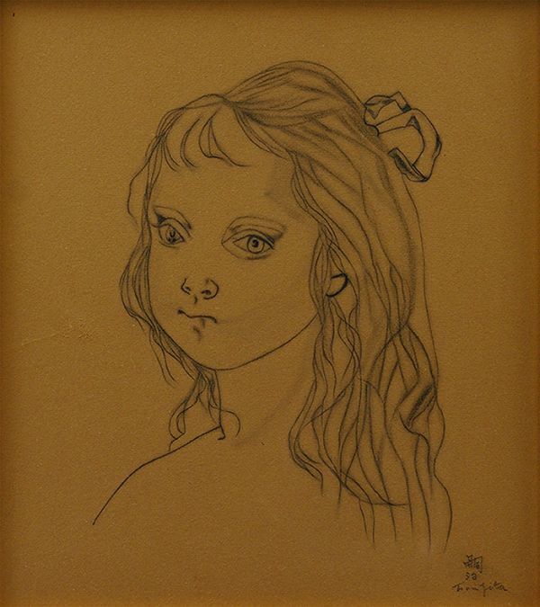 ◇藤田嗣治◇仮題「少女像」◇肉筆◇ドローイング◇画面サイン◇色紙