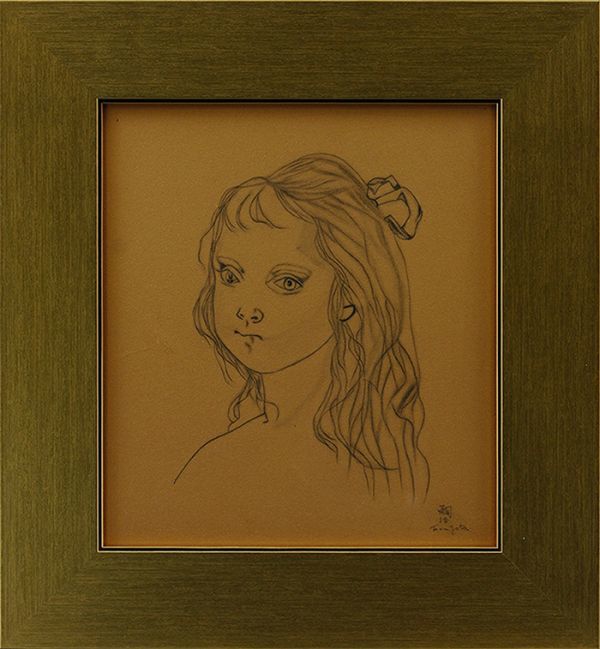 ◇藤田嗣治◇仮題「少女像」◇肉筆◇ドローイング◇画面サイン◇色紙