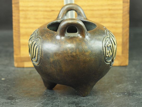中国 明時代 古銅製 双耳香炉 在銘 古美術唐物古玩骨董