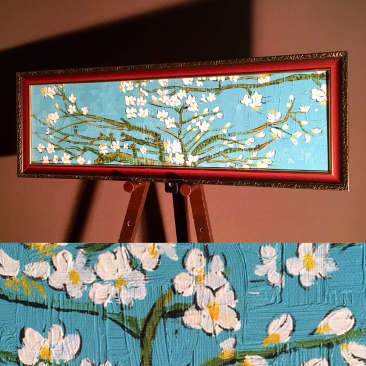 ★秀作★ 手書き油絵 ゴッホ 花咲くアーモンドの枝 絵画 額付き 油彩画 手書き油絵 ゴッホ 花咲くアーモンドの枝 横長 額付 絵画 インテリア