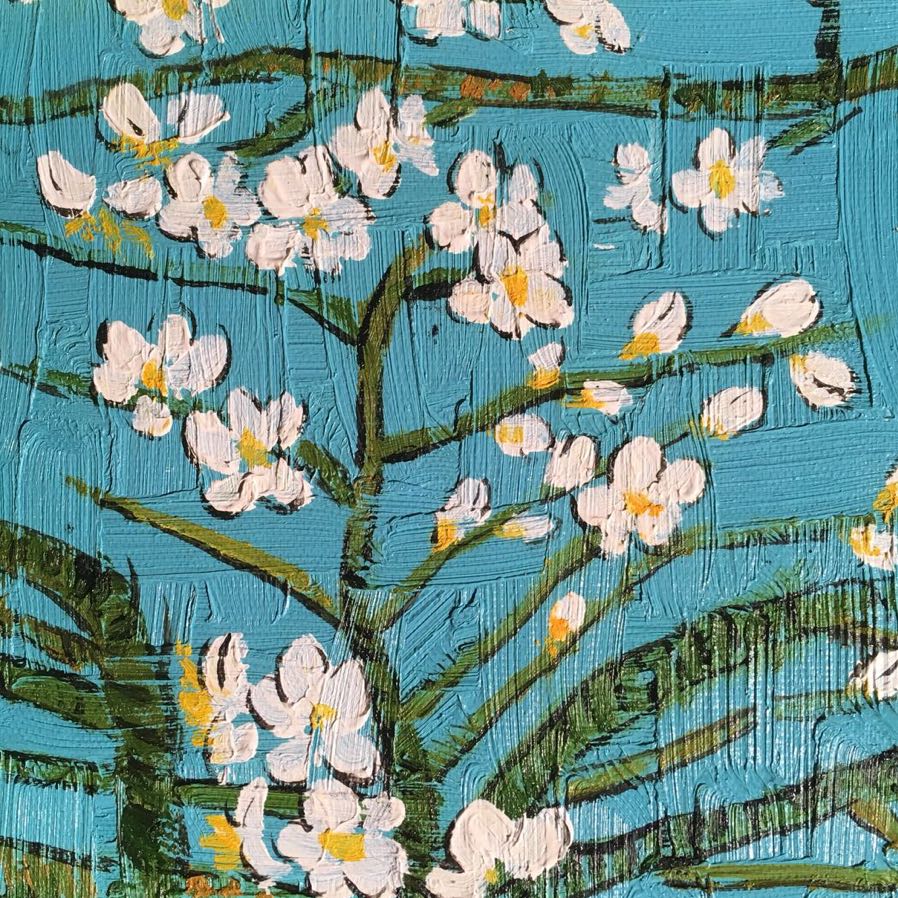 手書き油絵 ゴッホ 花咲くアーモンドの枝 横長 額付 絵画 インテリア
