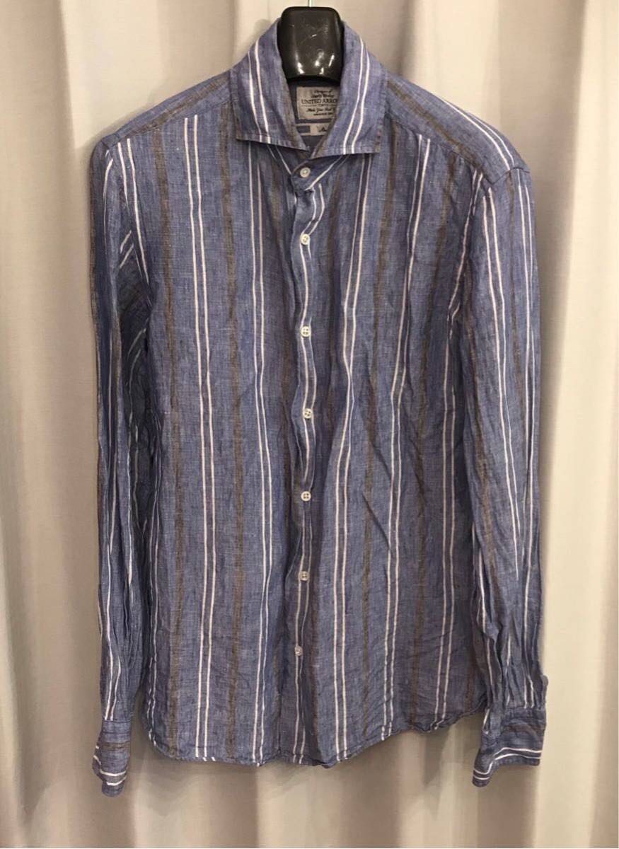 超 美品 定価2万円 UNITED ARROWS ストライプ リネン シャツ M ブルー ユナイテッドアローズ Slim Fit スリム ITALY イタリア ファッション