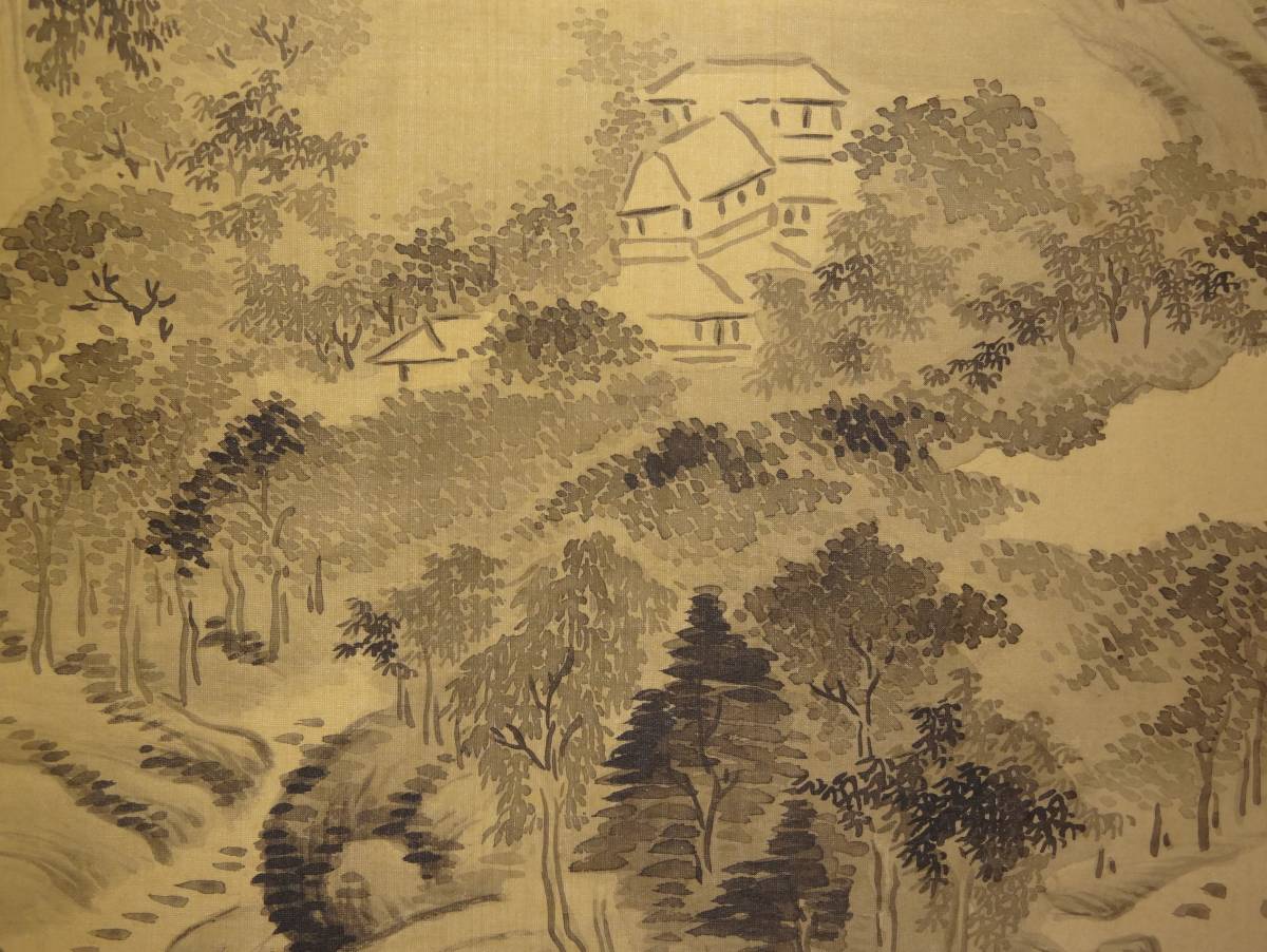 模写】掛軸 田能村竹田 「楼閣山水図」 特大幅 南画家 絹本 田能村竹田