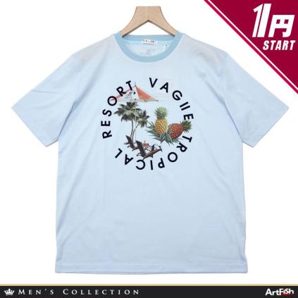 新作入荷，人気 日本製 バジエ 1円/48サイズ 青 サックス 大人RESORTプリント 半袖 丸首 カットソー Tシャツ VAGIIE/ j1063 s48(丸首)｜売買されたオークション情報、yahooの商品情報をアーカイブ公開 - オークファン Lサイズ