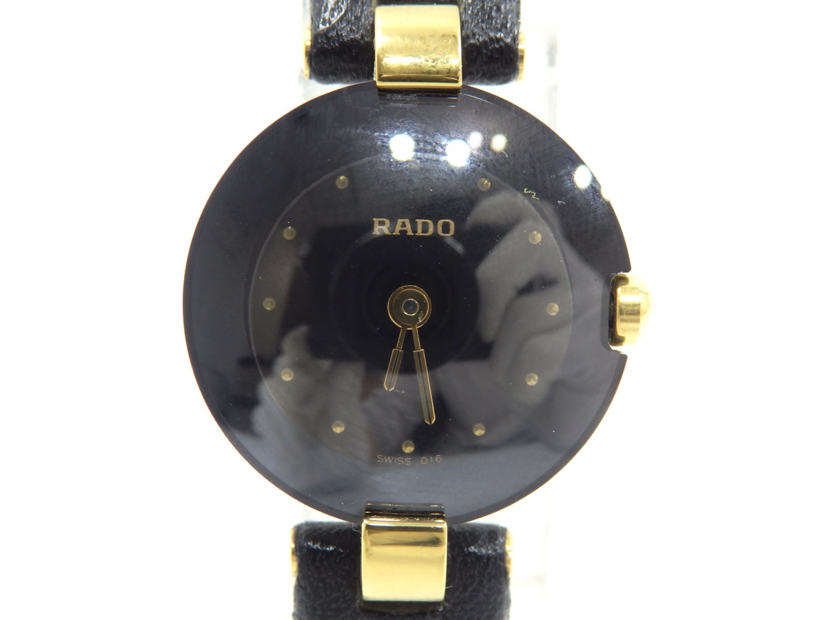 RADO クポール クォーツ レディース腕時計 SS GP ブラック×ゴールド 革 