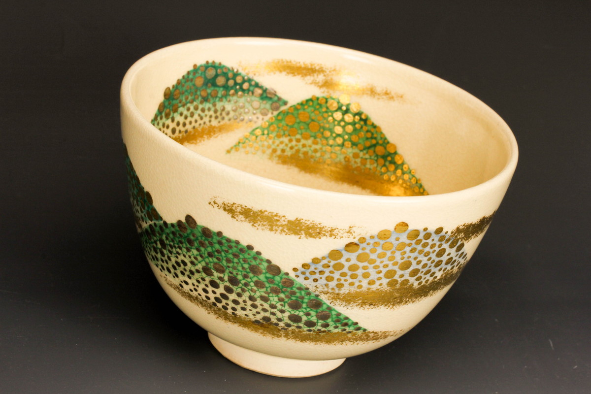 W673 茶碗 『仁清写 遠山』『通次嵩山 造』 共箱 抹茶碗 茶道具