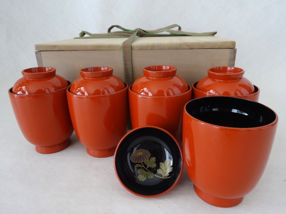 流】茶懐石道具 塗師陽斎 蒔絵煮物椀五客 共箱 CE000