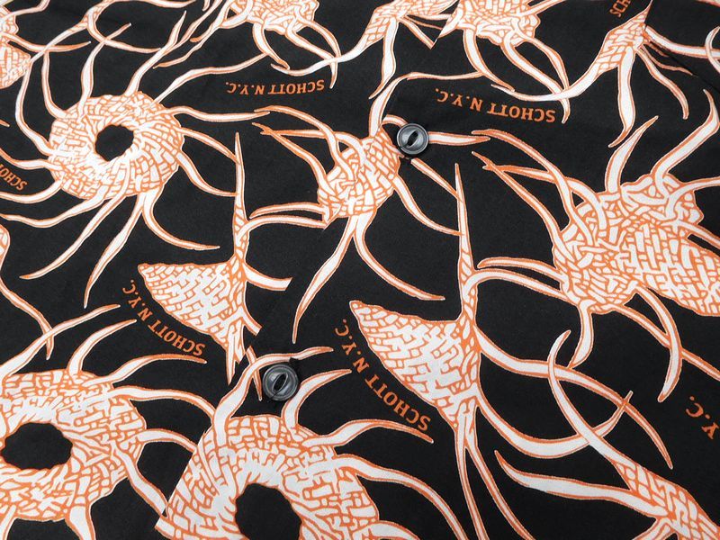 新品 2018年モデル Schott ショット STRAW WORK 総柄 オープンカラー 半袖 ハワイアン アロハシャツ レーヨンシャツ 黒 白 橙 L / z81-18