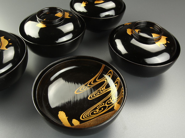 琴》茶懐石道具 黒塗蒔絵吸物椀十客 箱付 SAU779