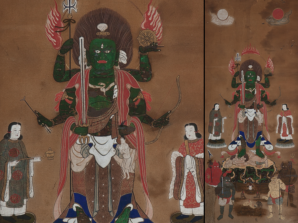古仏画『青面金剛』紙本 彩色 著色 肉筆 二点セット 額装 庚申信仰