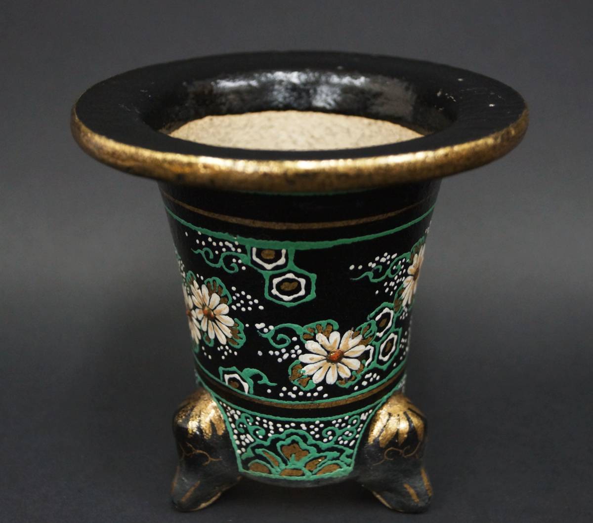 閑寂堂】旧家蔵出時代 最高級万年青鉢 蘭鉢 錦鉢 金彩色絵『海渡龍菊文