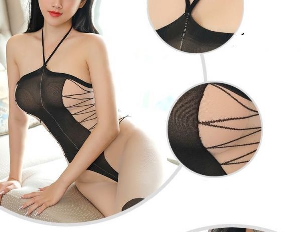 超sexyオープンクロッチ＆バイカラー（黒/肌）のボディストッキング★全身タイツ.バック紐結び.つかつか.透ける下着.ランジェリーYZ8028_2