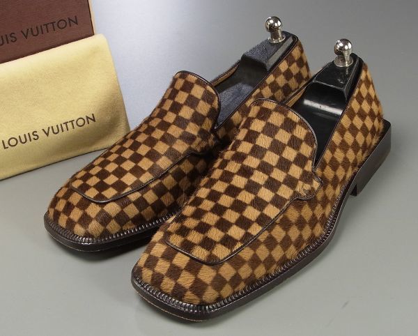 【驚きの破格値，限定セール】 T4460イタリア製 ルイヴィトン/LOUIS VUITTON ダミエ柄/ハラコローファー/レザースリッポン/ドレスシューズ/革靴/茶/ブラウン(男性用)｜売買されたオークション情報、yahooの商品情報をアーカイブ 靴
