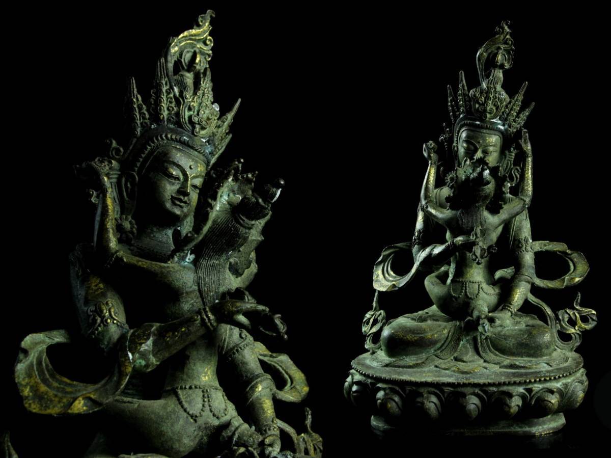 ◇澄◇ 中国古玩 銅製 歓喜仏像 30cm 2107g チベット仏 鍍金 細密細工 仏像