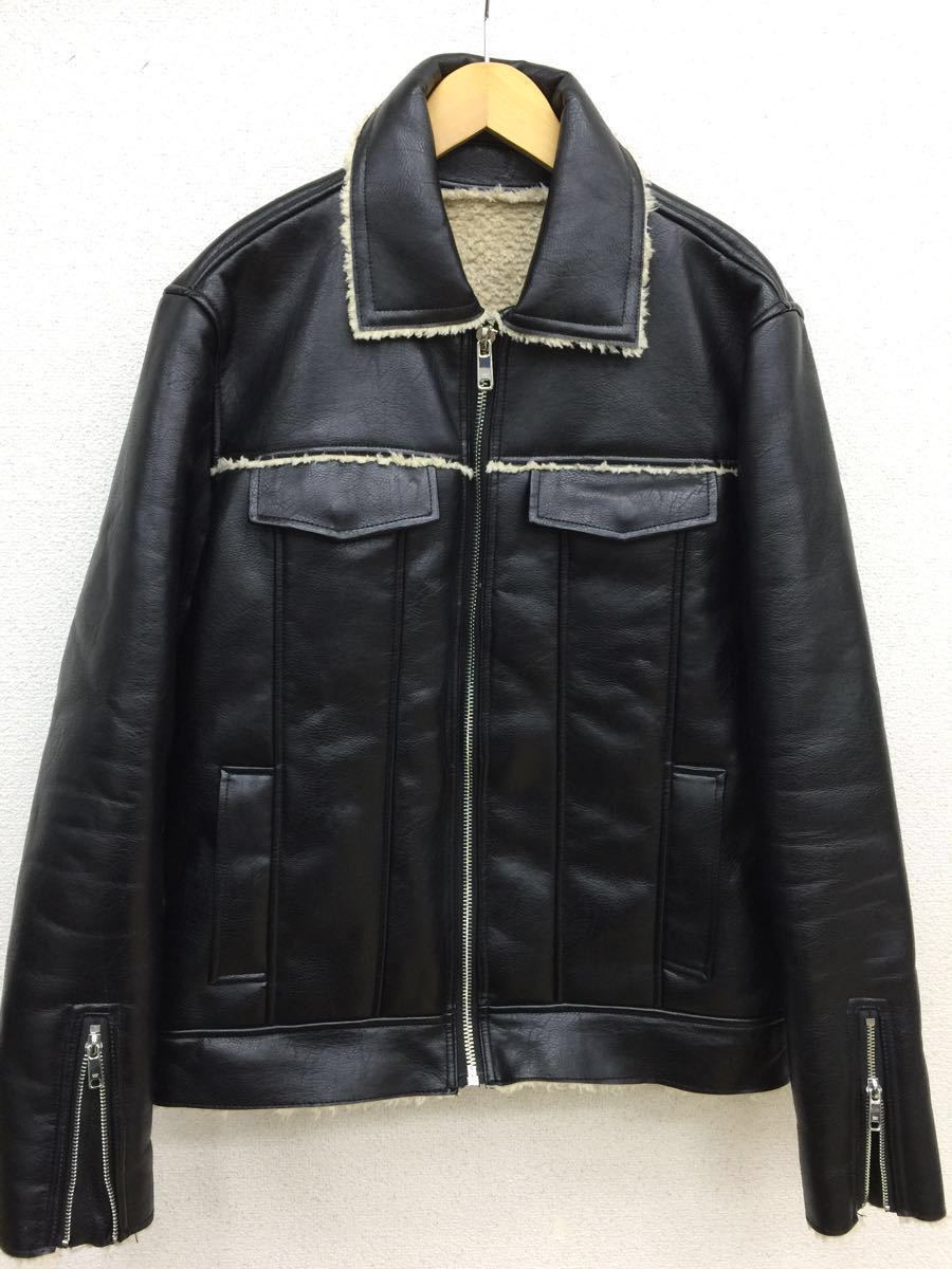 美品☆ZARA MAN ザラ マン ボア フェイクレザー シングル ライダース ジャケット メンズ EUR L MEX 42 USA L ブラック 黒 ブルゾン 男性