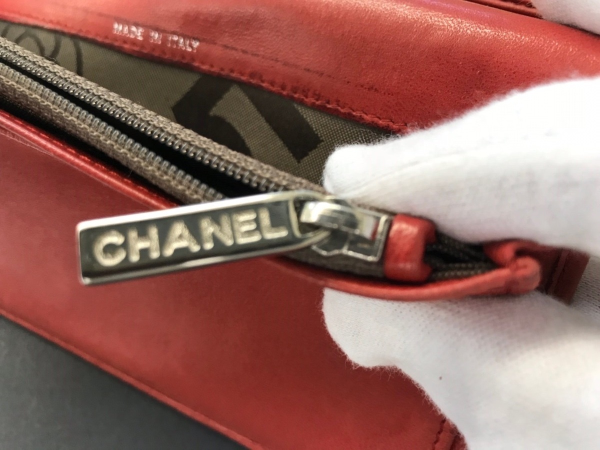 【鑑定済み品】 CHANEL シャネル 財布 ウォレット ストライプステッチ 正規品 本物 レッド 赤 【1000円スタート】