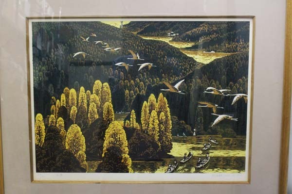 ★【印刷】中国作家 張禎麒 54/90 出漁 木版画 1978年 絵画 風景画 額付き【20186377】