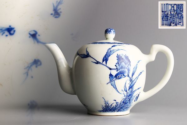 可】中国古玩『 願聞吾過之斎』款 王府 染付花鳥図 急須 煎茶道具 初荷