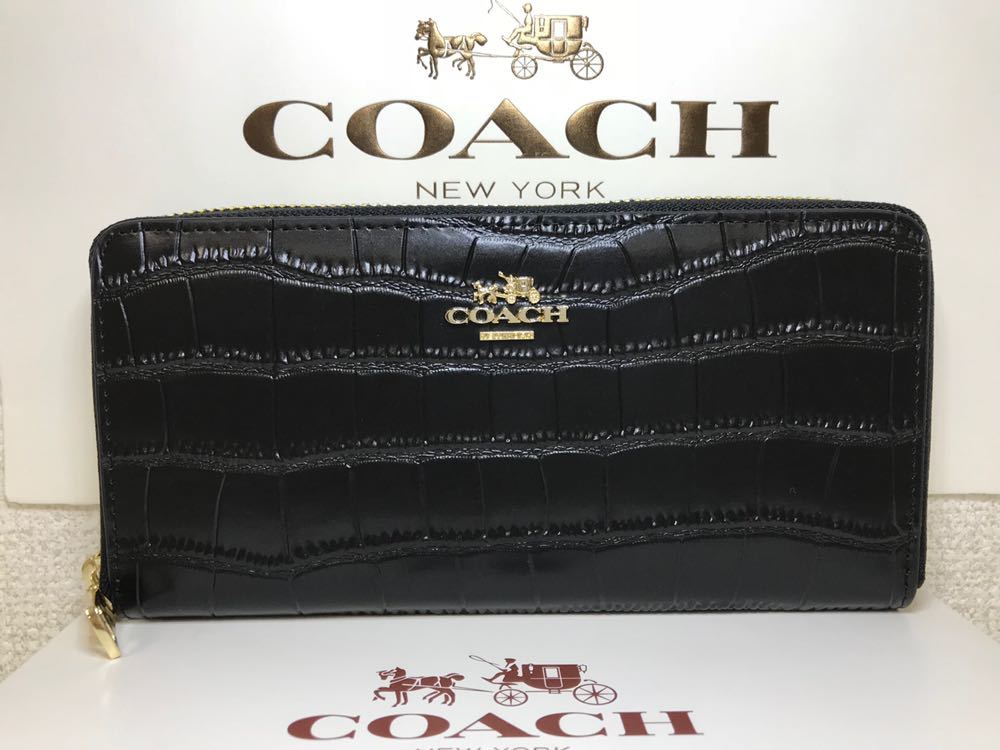 コーチ 長財布 COACH エンボスド クロコダイル レザー ブラック 黒色 