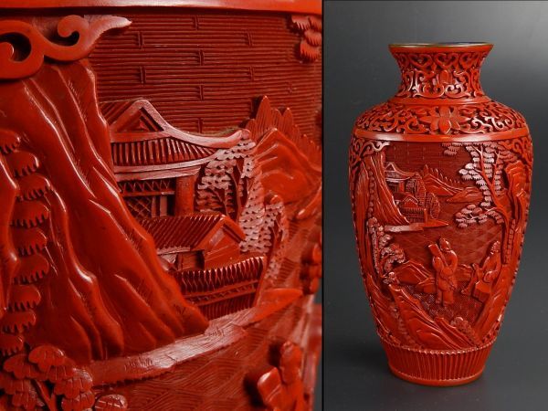 唐物 堆朱 時代物 花瓶 中国古玩 極上品 細密細工 剔紅 WWWT052 銅製 花生