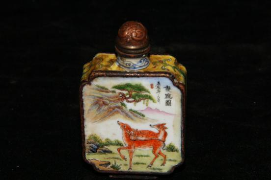 民間収集 銅胎景泰藍 琺瑯彩 七寶燒 松樹鹿紋 鼻煙壺 藥