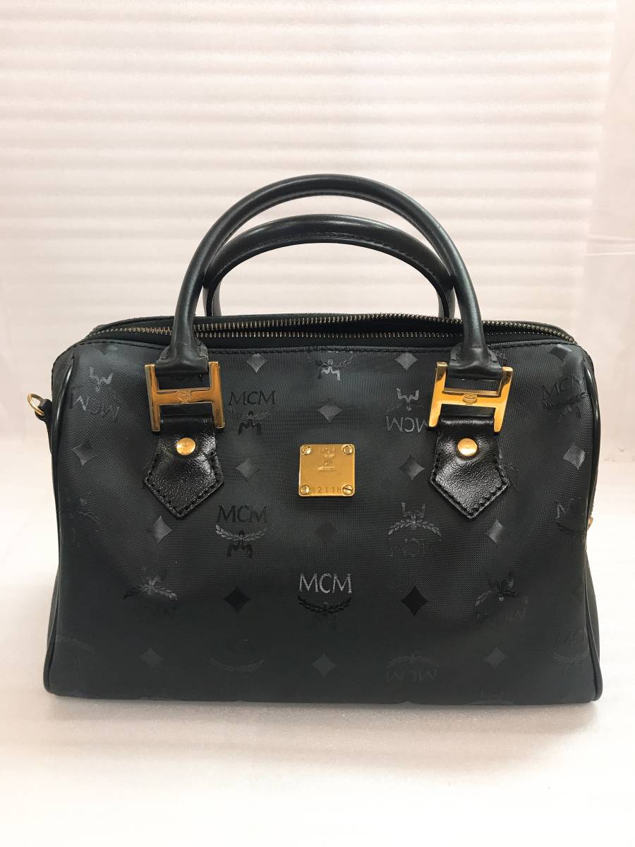 MCM ミニボストン ハンドバッグ 総柄 ロゴ ブラック ゴールド金具 MCM