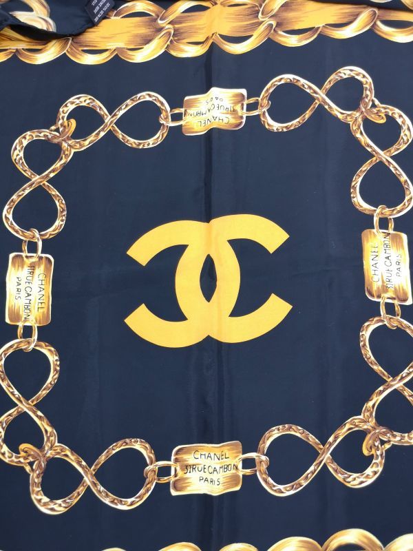 CHANEL シャネル スカーフ チェーン柄 黒 ゴールド シルク100% 【公式