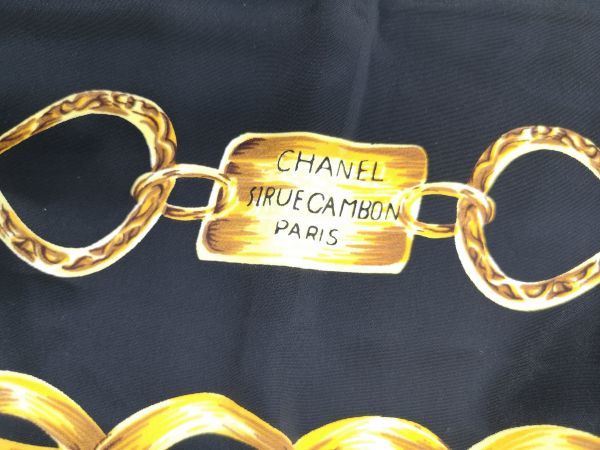 CHANEL シャネル スカーフ チェーン柄 黒 ゴールド シルク100% 【公式