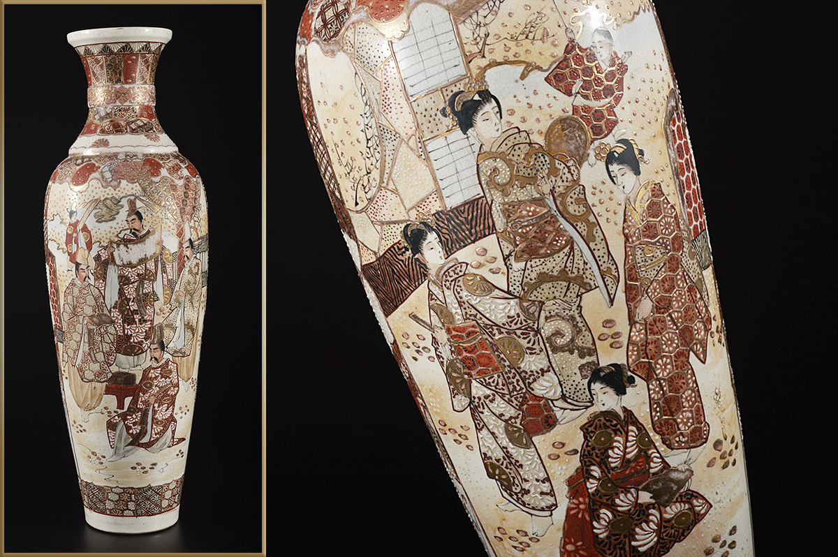 薩摩焼 色絵金彩 美人画　大花瓶 31㎝ 遊女 飾壺 古美術 骨董品 時代物 Yahoo!オークション の落札相場・落札価格 (日本の陶磁) 「大花瓶