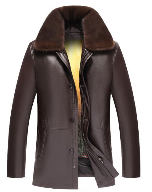 本物☆高級上質沢防寒良品☆品質保証オシャレ暖かいミンク襟毛皮羊革中・長ゴールドミンクの裏コート茶色メンズサイズLサイズ選択可