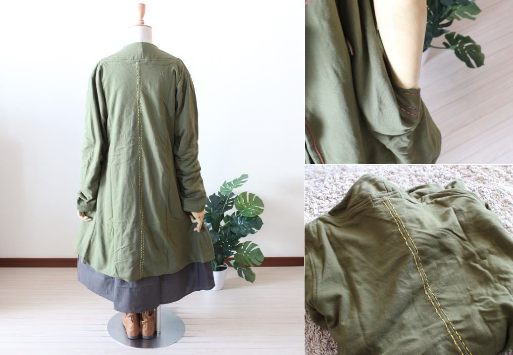 当店オリジナル＊渦巻きボタン留め＊ステッチ入りVネックジャケットコート＊エスニック＊dandelion＊ネパール＊カーキ＊d-J＊