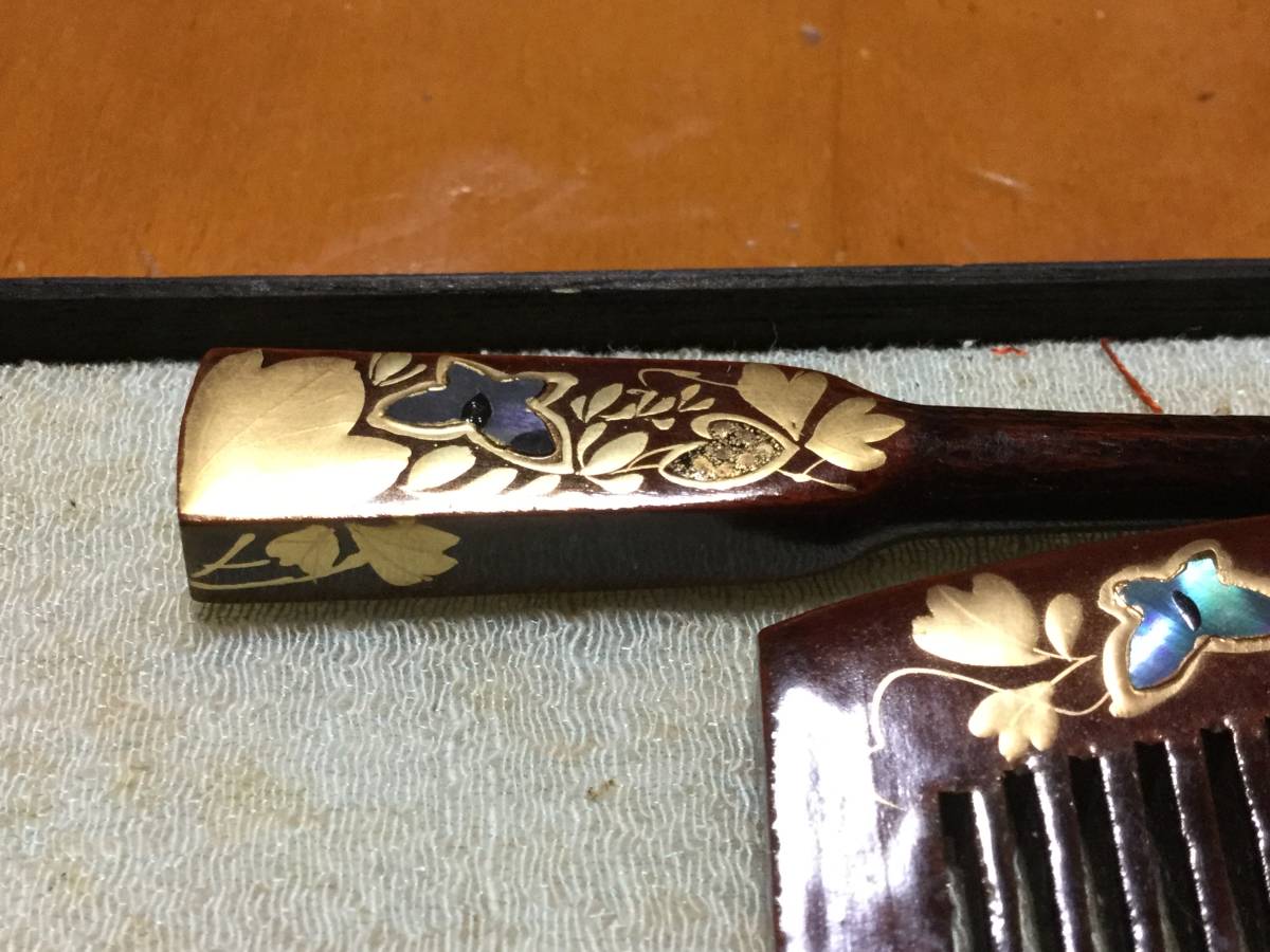 本漆純金蒔絵螺鈿かんざし 笄 金蒔絵 蝶と牡丹 かづら清老舗