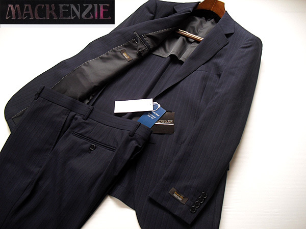 【新品】オンワード樫山正規品 春夏 マッケンジー MACKEMZIE Tasmania Wool Super100’S ウールシングルスーツ 紺 ストライプ柄 背抜き AB4